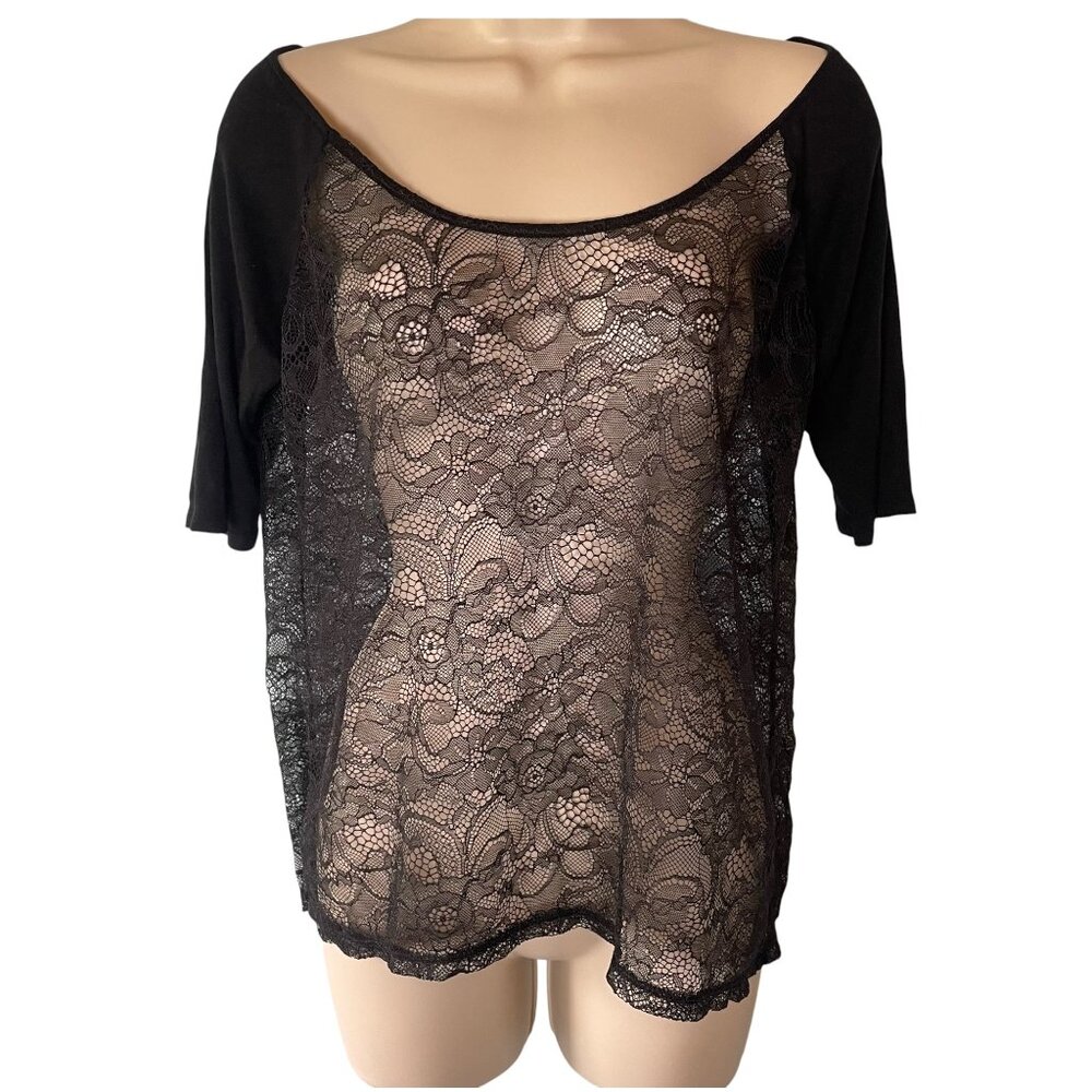 Moda International Women's Floral Lace Overlay Top Black Y2K Whimsigoth Witchy‎